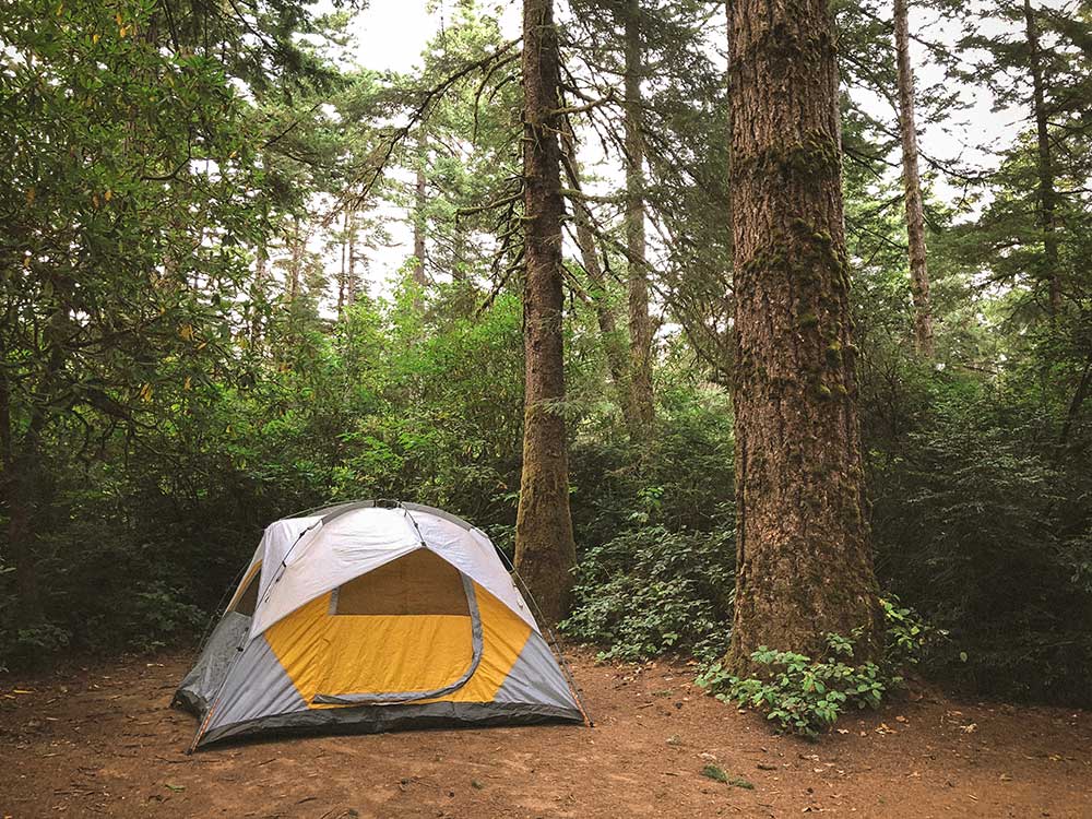 tent in woods at portage trails